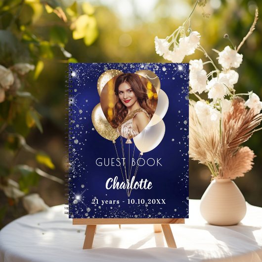 Gastboek verjaardag marine blauwe foto gouden ball notitieboek