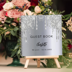 Gastenboek 90e verjaardag zilveren glitter druppel notitieboek