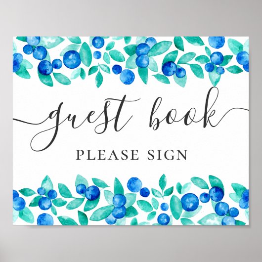 Gastenboek. Blauw mint bosbessen script bruiloft Poster (Voorkant)