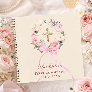 Gastenboek Eerste Communie ivoor blos lint bloemst Notitieboek
