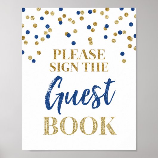 Gastenboek Huwelijk Bord Goud Blauw Confetti Poster (Voorkant)