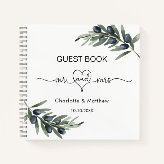 Gastenboek olijfblad groen mr mrs bruiloft notitieboek (Voorkant)
