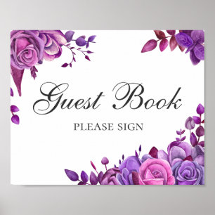 Gastenboek ondertekenen. Roze en paarse trouwbloem Poster
