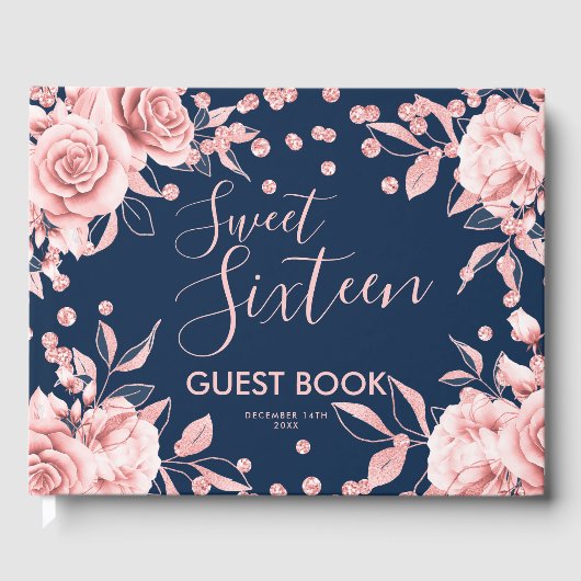 Gastenboek Roos Gold Navy Sweet 16 Glitter Confett (Voorkant)