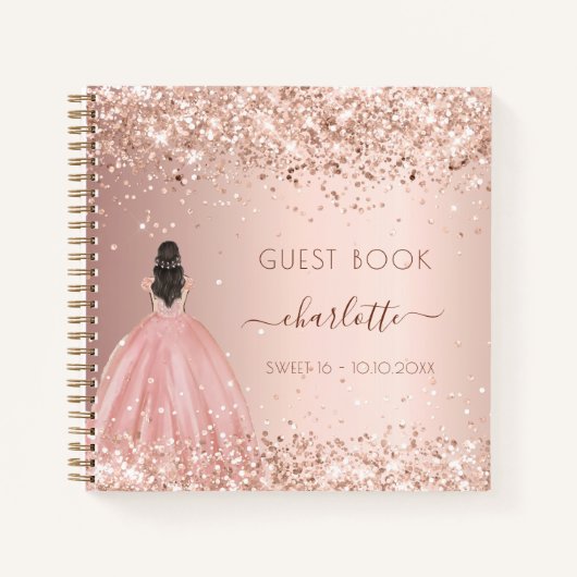 Gastenboek Sweet 16 jurk glitter roos goud Notitieboek (Voorkant)