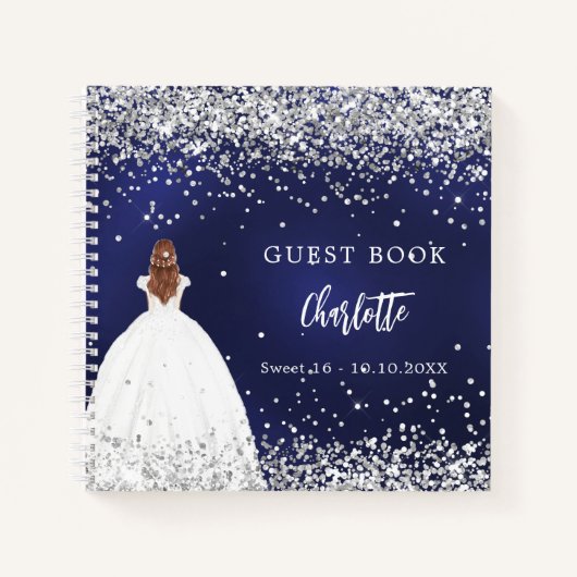 Gastenboek Sweet 16 marineblauwe jurk glitter Notitieboek (Voorkant)