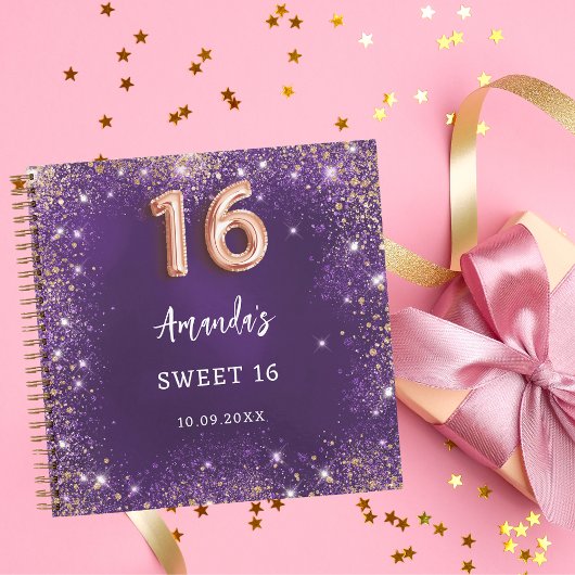 Gastenboek Sweet 16 paarse roos gouden glitter Notitieboek