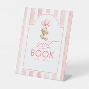Gastenboek Teddybeer Roze Strepen Baby Shower Reclamebord Met Voetstuk