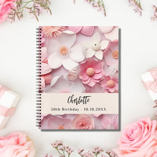Gastenboek verjaardag roze wit bloemetjes naam notitieboek