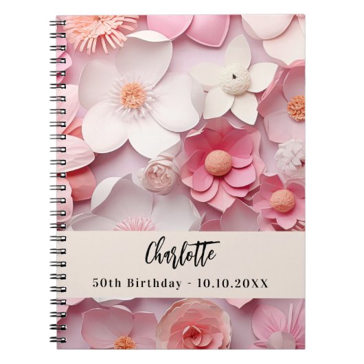 Gastenboek verjaardag roze wit bloemetjes naam notitieboek (Voorkant)