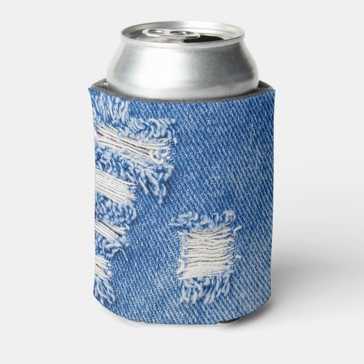 Gat, denim jeans, gescheurde textuur blikjeskoeler (Blikje Achterkant)