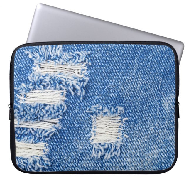 Gat, denim jeans, gescheurde textuur laptop sleeve (Voorkant)