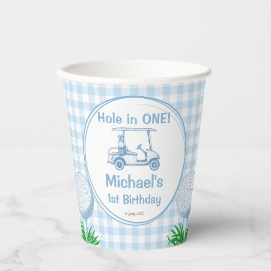 Gat in een blauwe gingham golf partij monogrammed papieren bekers (Voorkant)
