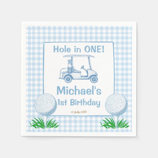 Gat in een blauwe gingham golf partij monogrammed servet (Voorkant)