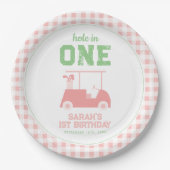 Gat in een roze check meisje eerste verjaardag papieren bordje (Voorkant)