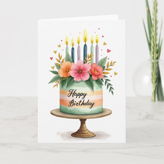 Gâteau à l'aquarelle et carte florale (Devant)