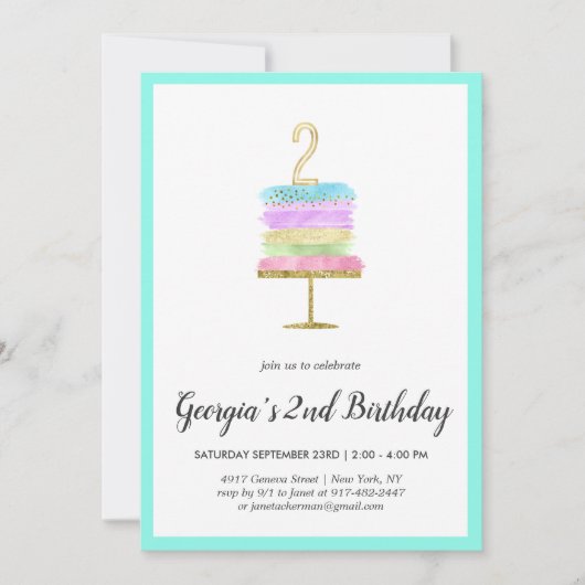 Gâteau Arc-en-Ciel | Invitation pour 2ème Annivers (Devant)