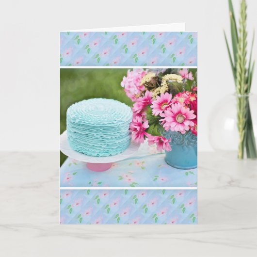 Gâteau Bleu Et Fleurs Carte Anniversaire (Devant)