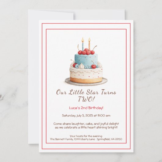 Gâteau d'anniversaire bleu et rouge - Invitation d (Devant)