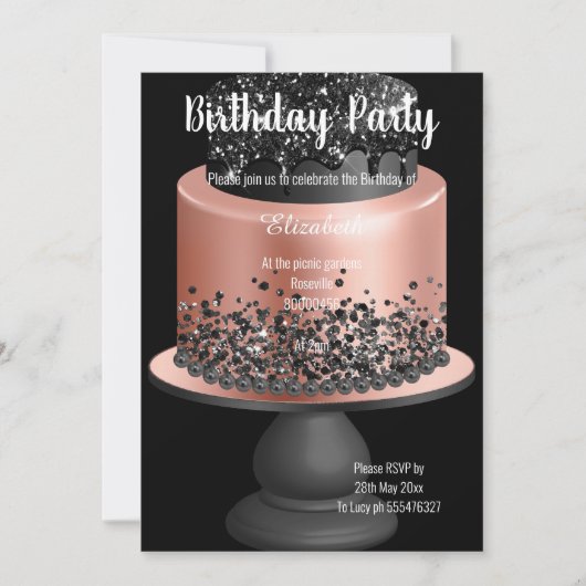 GÂTEAU NOIR D'OR rose 2 ANNIVERSAIRE INVITATION (Devant)