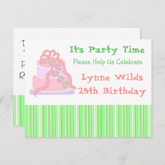 Gâteau rose au ruban Invitation d'anniversaire (Devant / Derrière)