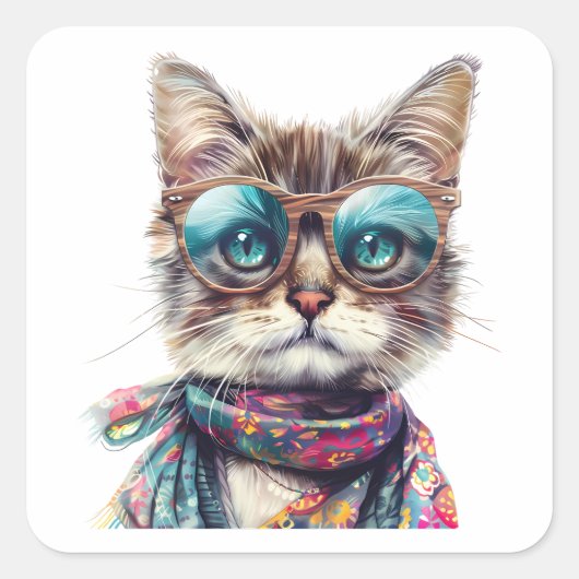 Gato Cool con Lentes Vierkante Sticker (Voorkant)