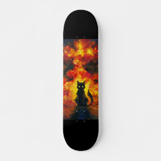 Gato Negro en Estilo Acuarela con Fondo Llameante Skateboard