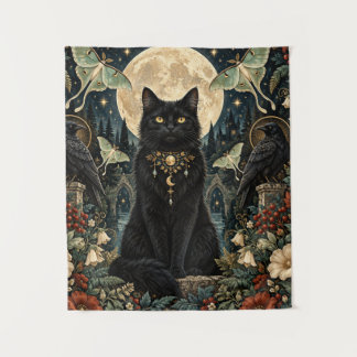 Gato Negro Gótico Celestial con Luna y Cuervos. Wandkleed