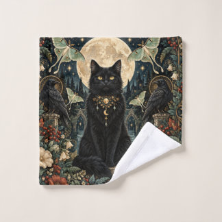 Gato Negro Gótico Celestial con Luna y Cuervos. Washandje