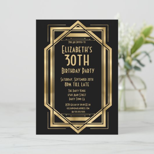 Gatsby 1920s Art Deco Black | Goud 30e verjaardag Kaart (Staand voorkant)
