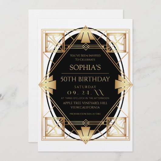 Gatsby Art Deco 50th Birthday Party Kaart (Voorkant / Achterkant)