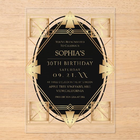 Gatsby Art Deco Birthday Party Acryl Uitnodigingen (Voorkant)