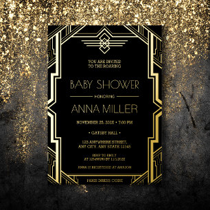 Gatsby Art Deco Black en Gold Baby shower Folie Uitnodiging