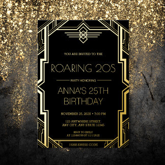 Gatsby Art Deco Black en Gold Birthday Party Folie Uitnodiging
