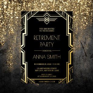 Gatsby Art Deco Black en Gold Retirement Party of Folie Uitnodiging