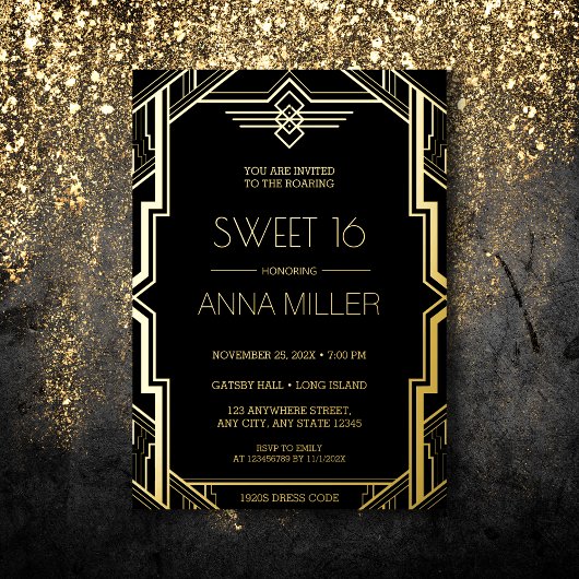 Gatsby Art Deco Black en Gold Sweet 16 Folie Uitnodiging
