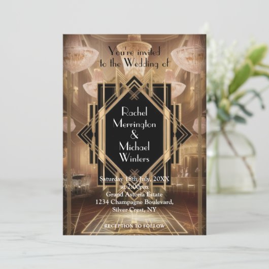 Gatsby Art Deco bruiloft uitnodiging (Staand voorkant)