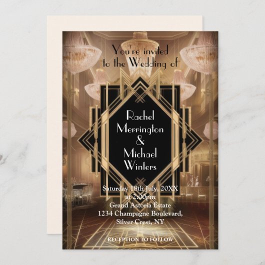 Gatsby Art Deco bruiloft uitnodiging (Voorkant / Achterkant)