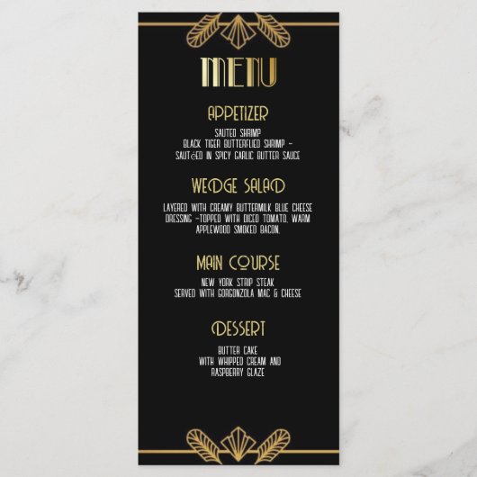 Gatsby, Art Déco, mystère de meurtre, menu (Devant)