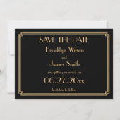Gatsby Art Déco Noir Mariage Enregistrer La Carte  (Dos)