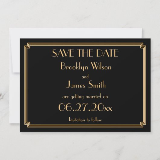 Gatsby Art Déco Noir Mariage Enregistrer La Carte  (Dos)