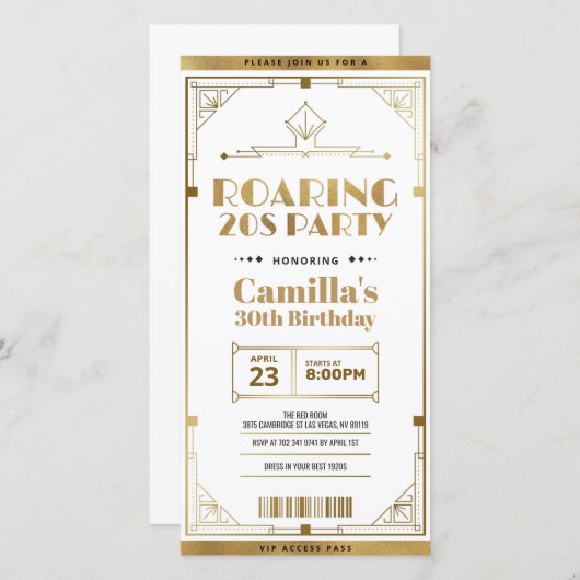 Gatsby Art Deco Roaring 20s Ticket Invitation Feestdagenkaart (Voorkant / Achterkant)