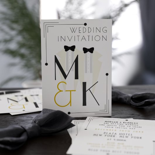 Gatsby Art Deco Stijl Wit Tuxedo Bruiloft Kaart