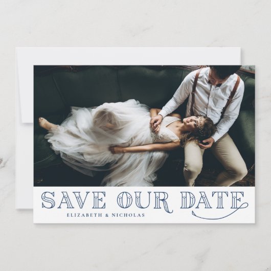 Gatsby Art Deco Typography Blue Save the Date (Voorkant)