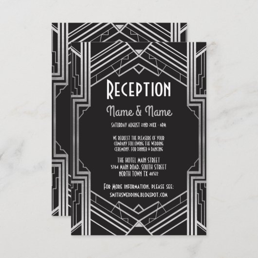 Gatsby Art Deco Zilveren Trouwreceptiekaarten Kaart (Voorkant / Achterkant)