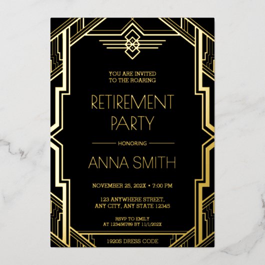 Gatsby Art Deco Zwart en Goud Pensioenfeest Folie Folie Uitnodiging (Voorkant)