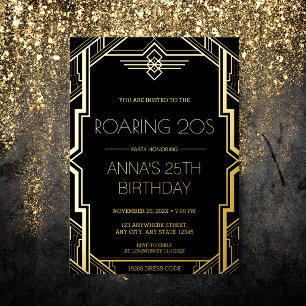 Gatsby Art Deco Zwarte en Gouden Verjaardagsfeest Folie Uitnodiging