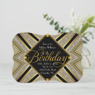 Gatsby Black en Gold 50th Birthday Invitation Kaart