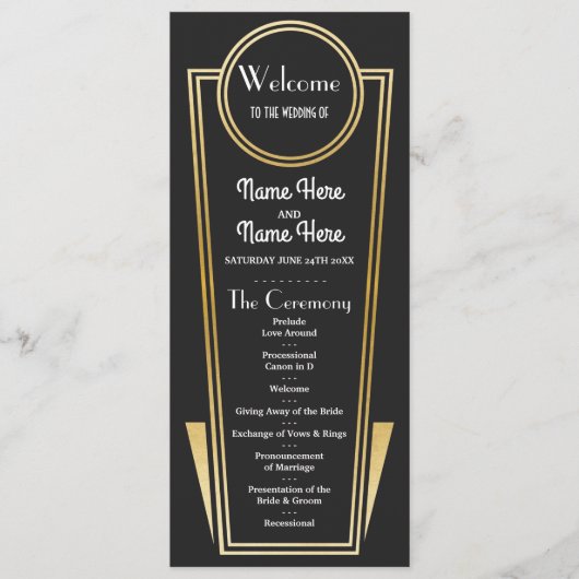 Gatsby Black & Gold Art Deco 1920s Wedding Program Programma (Voorkant)