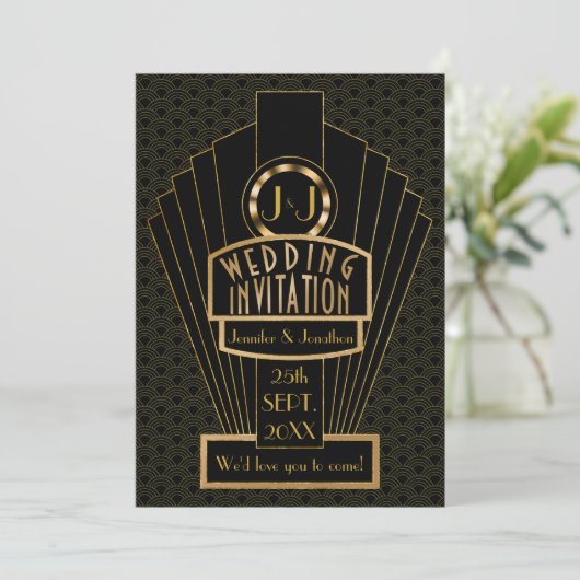 Gatsby Fanfare  Art Deco bruiloft Kaart (Staand voorkant)